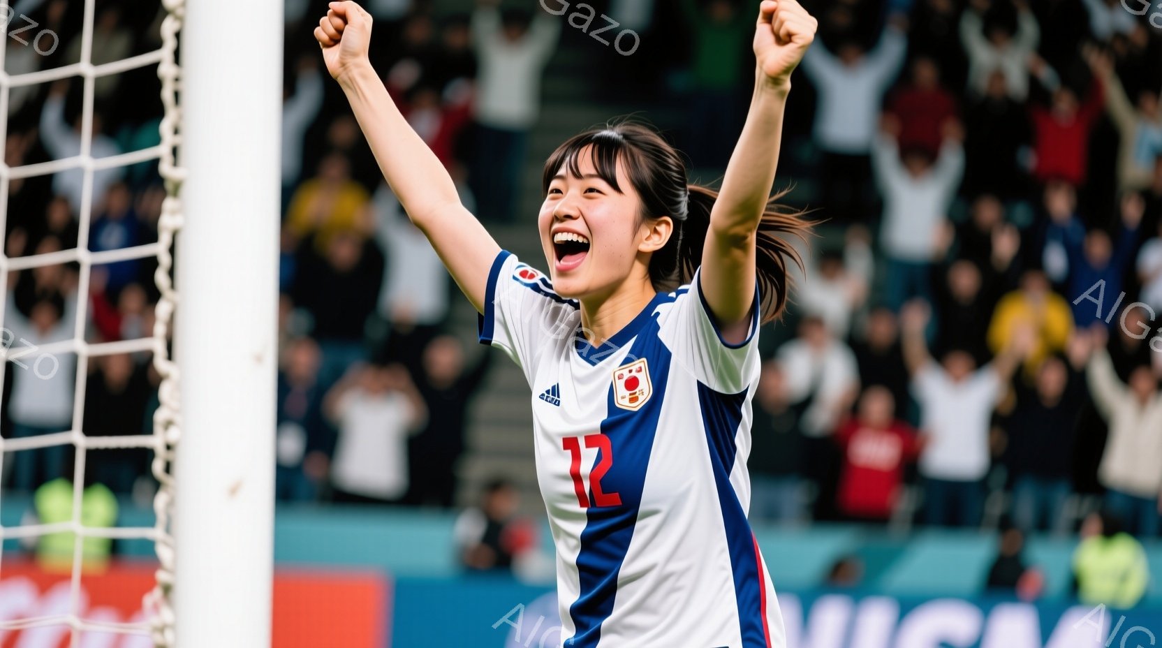 サッカーのユニフォームを着た若い女性選手が、ゴールネットの前で両手を高く上げて歓喜しています。彼女は黒髪をポニーテールにし、満面の笑みを浮かべており、その表情からは勝利への喜びが伝わってきます。背景に - AI生成フリー素材