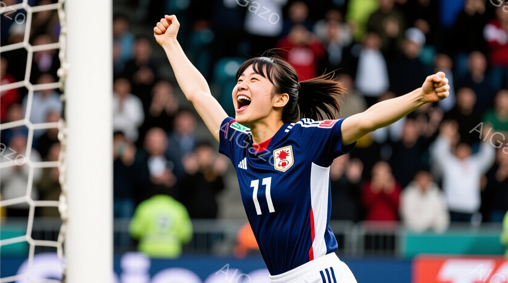 サッカーのユニフォームを着用した若い女性選手が、両腕を高く上げて歓喜しています。彼女は短い黒髪で、顔には勝利の笑顔が浮かび、その表情は非常に生き生きとしています。背景には観客席が見え、緑色のフィールドとネットが確認でき、全体的に勝利の喜びと興奮に満ちた雰囲気が伝わってきます。