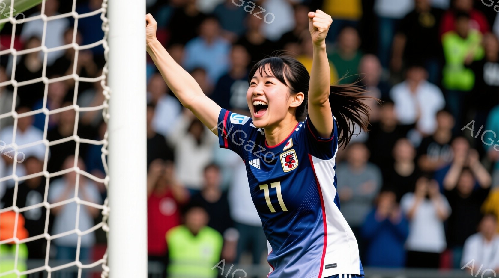 日本の女子サッカー選手がゴールネットの前で両手を高く上げ、歓喜している様子を捉えています。彼女は青いユニフォームに背番号11をつけ、長い髪を後ろで束ねています。背景には観客席がぼやけて見え、緑色の芝生 - AI生成フリー素材