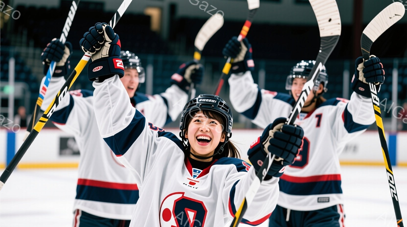 白いアイスホッケーユニフォームを着た若い女性が、チームメイトと共に喜びの表情で両手を高く上げています。彼女は黒いヘルメットを被り、髪をポニーテールにしています。背景には、アイスホッケーリンクとぼやけたチームメイトたちがおり、勝利の瞬間を捉えた活気ある雰囲気です。