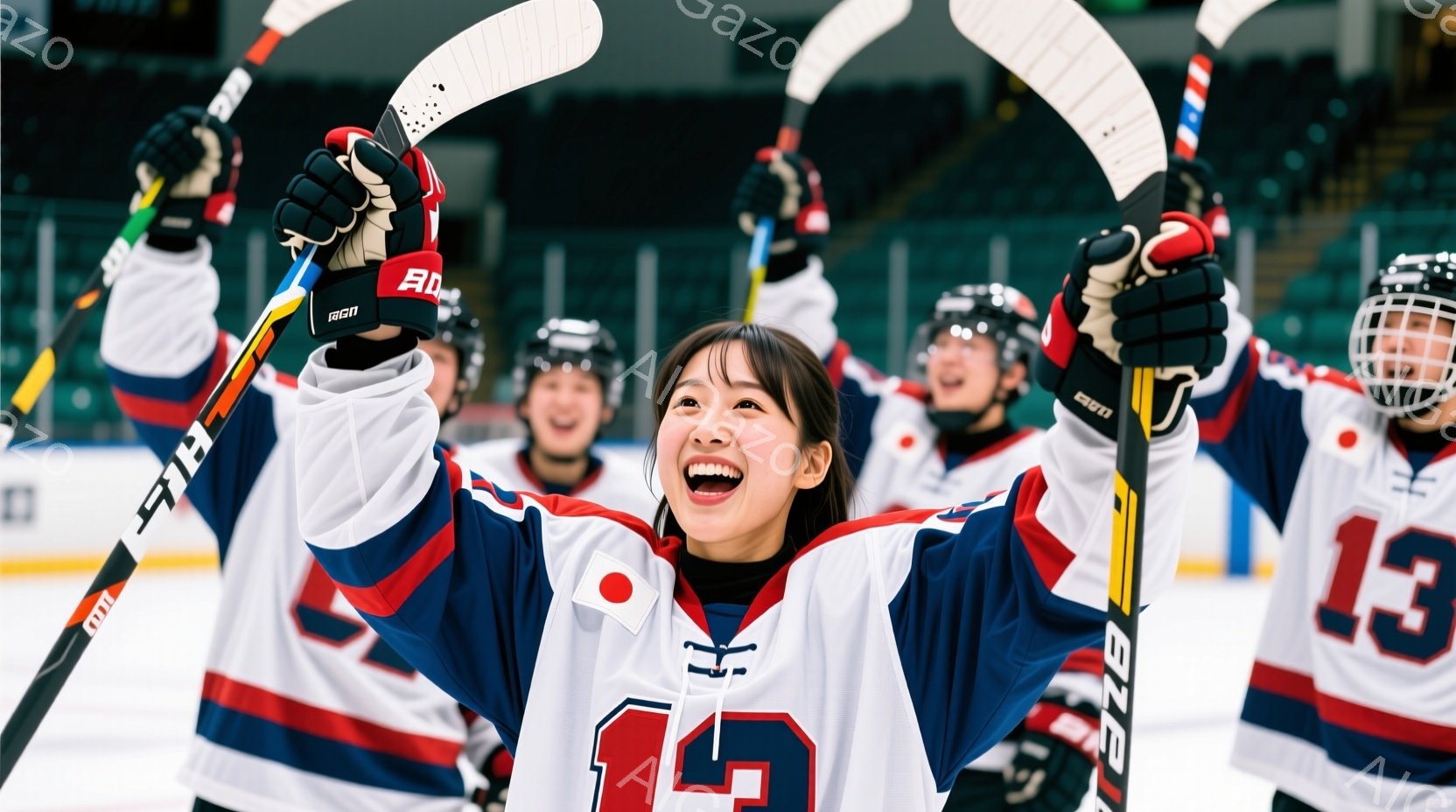 アイスホッケーの試合後、勝利を喜ぶ女性を中心としたチームの様子を捉えています。女性は黒い髪を後ろで一つにまとめ、赤いヘルメットと紺色のユニフォーム（背番号15）を着用し、満面の笑みを浮かべてホッケーの - AI生成フリー素材