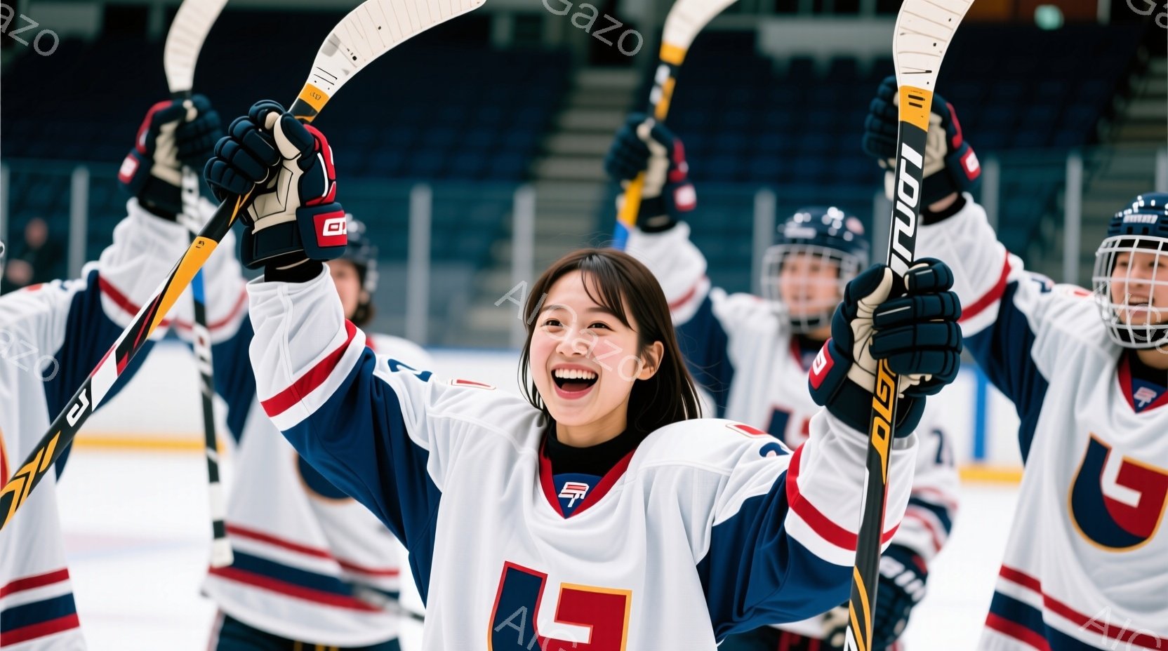 アイスホッケーのユニフォームを着た女性が、両手を高く上げて歓喜している様子が写っている。彼女は黒髪で、笑顔が印象的であり、チームメイト達に囲まれている。背景はアイスホッケーリンクで、観客席が見える。