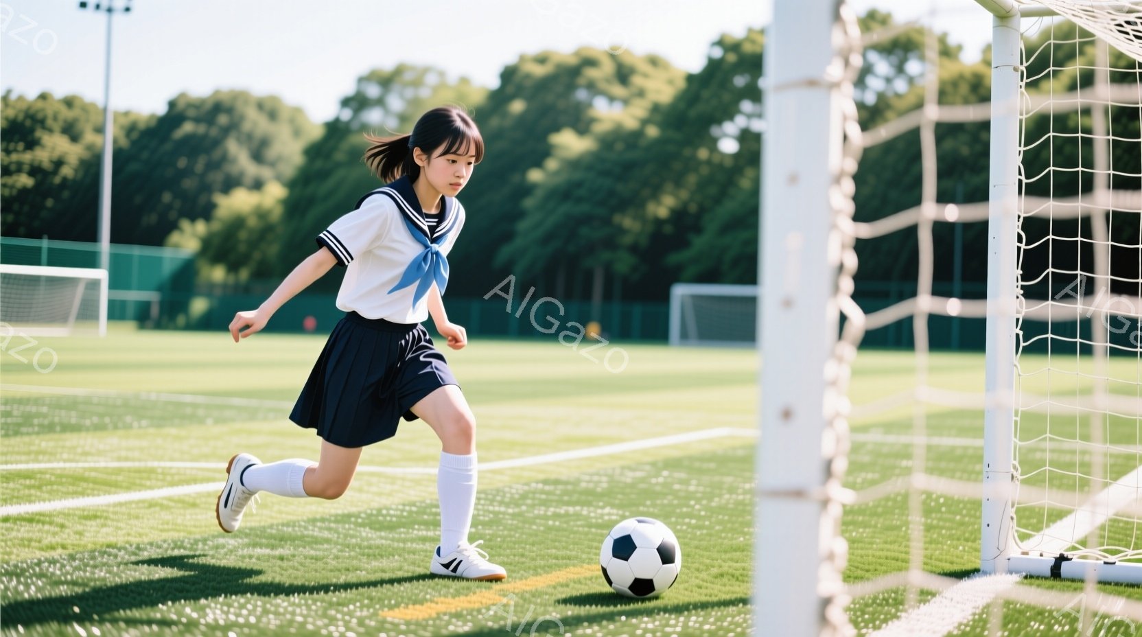 女子はサッカーコートでボールを追いかけている。紺色のスカートと白いシャツ、そして白いハイソックスを履いており、髪はポニーテールに結ばれている。背景には緑の芝生と青空、遠くには木々が見え、晴れた日の活気 - AI生成フリー素材