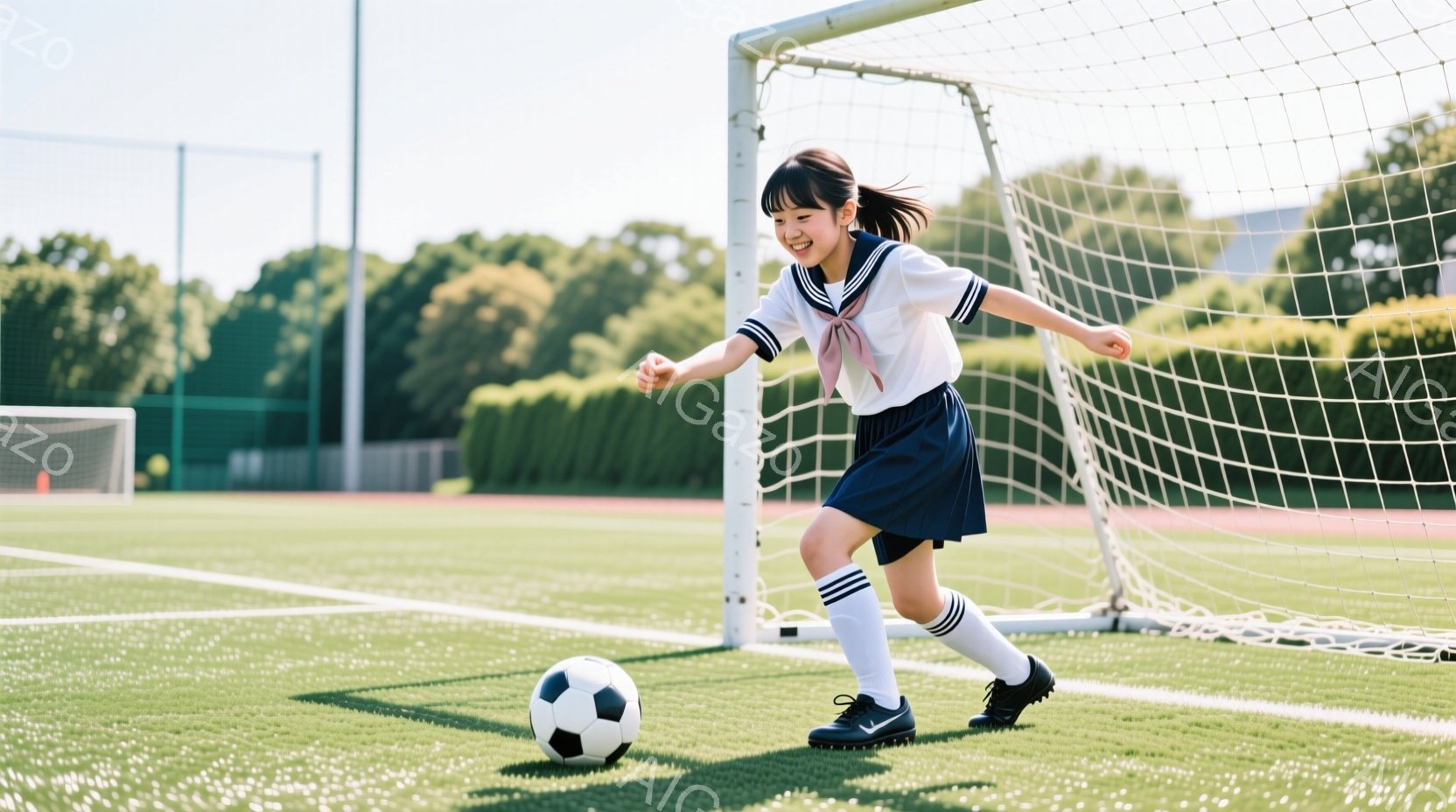 少女はサッカーボールをドリブルしながら走っており、紺色のスカートと白いセーラー服を着ています。彼女は明るい笑顔を見せ、髪をポニーテールに結んでいます。背景には緑の芝生、サッカーゴール、そして手入れの行き届いた緑の生垣が見え、晴天の穏やかな一日であることがわかります。