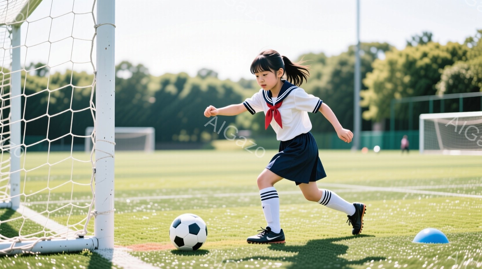 少女はサッカーボールをドリブルしながら走り、集中した表情を浮かべている。紺色のスカートと白いシャツ、赤いリボンが特徴的な制服姿で、白と黒のストライプのソックスとサッカーシューズを履いている。背景には緑 - AI生成フリー素材