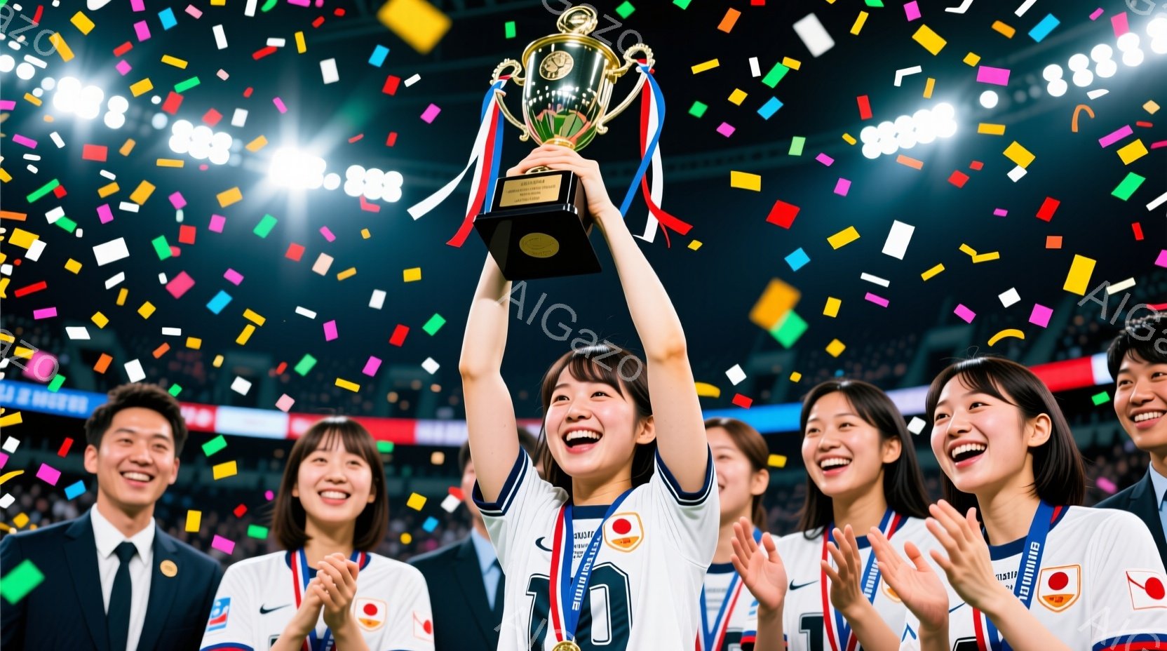 女性サッカー選手がトロフィーを高々と掲げ、勝利を喜ぶ姿が写っています。彼女は白いユニフォームに日本のエンブレムが描かれ、髪を後ろで一つに束ねています。背景には、歓声を上げるチームメイトやスタッフ、そしてカラフルな紙吹雪が舞い、お祝いムードが溢れています。