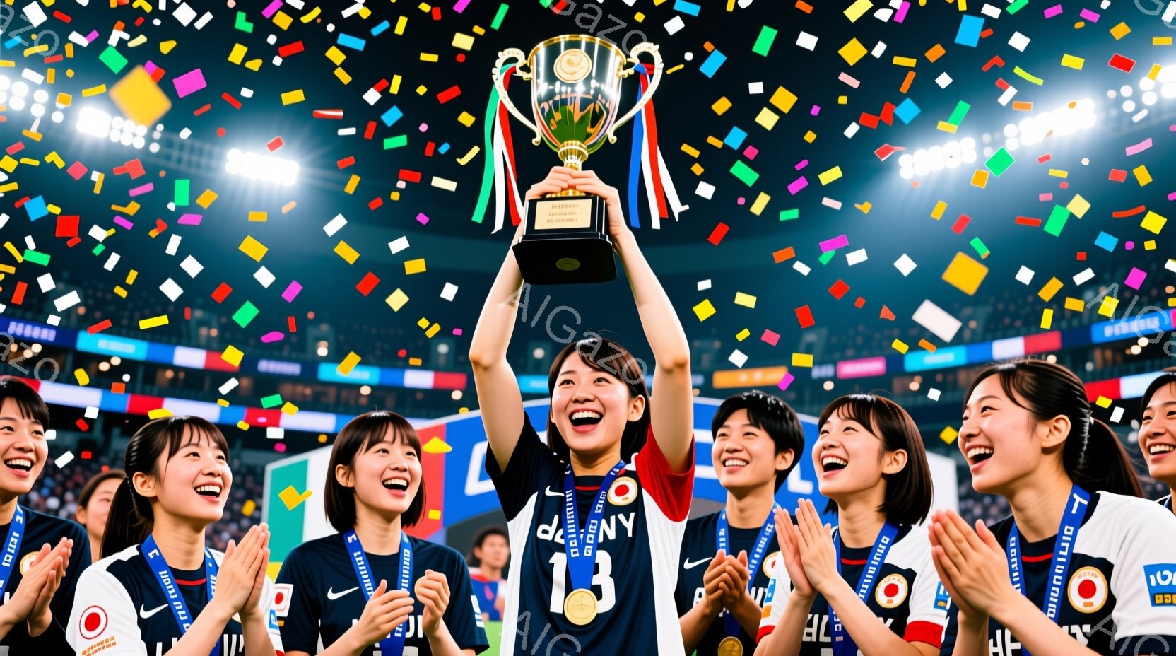 複数の女性サッカー選手が勝利を喜び、一人がトロフィーを高々と掲げている。選手たちは白いユニフォームに青い番号とスポンサーロゴが入っており、首にはメダルをかけている。背景には観客席が見え、カラフルな紙吹 - AI生成フリー素材