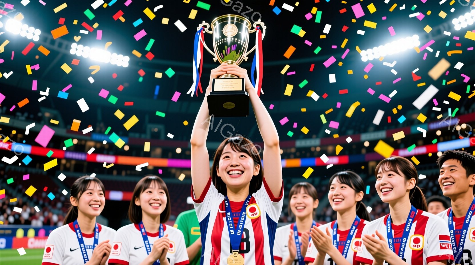 日本代表の女子サッカー選手たちが、勝利のトロフィーを高々と掲げ、歓喜に沸いています。選手たちは赤と白のユニフォームに、金色のメダルを首にかけており、笑顔でカメラを見つめています。背景には、カラフルな紙吹雪が舞い、スタジアムの観客席がぼやけて見え、祝祭的な雰囲気を醸し出しています。