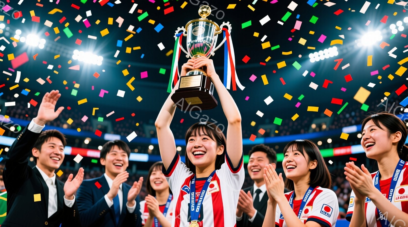 競技場で、女性がトロフィーを高く掲げ、喜びにあふれた表情をしています。彼女は白地に赤と青のストライプが入ったユニフォームを着ており、首にはメダルがかけられています。背景には、拍手喝采を送る人々が写り、紙吹雪が舞い、勝利の祝賀ムードが高まっています。