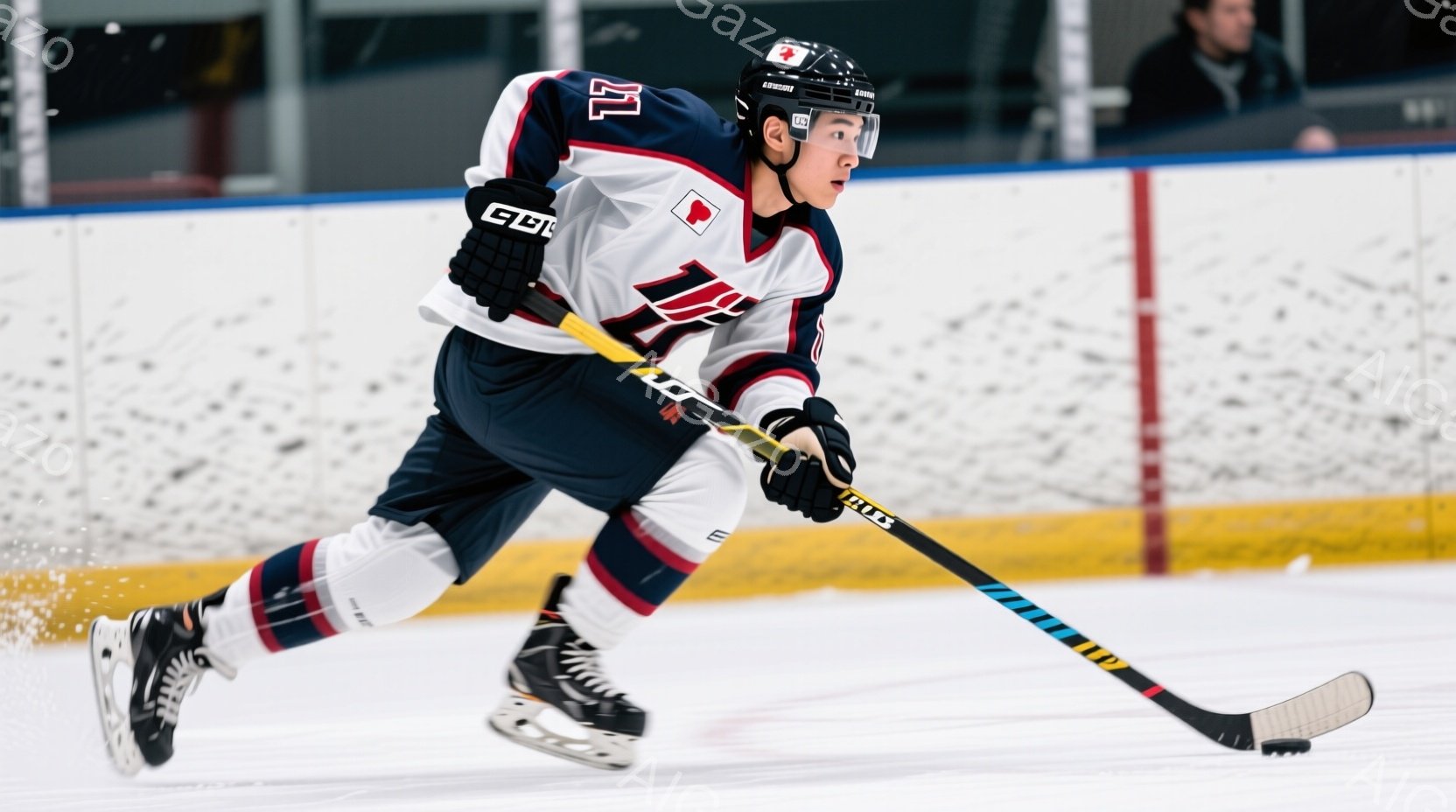 アイスホッケー選手がリンク上を疾走している様子が写っている。白を基調とした紺と赤のラインが入ったユニフォームを着用し、黒いヘルメットとプロテクターを装備している。背景はアイスホッケーリンクで、観客席の - AI生成フリー素材