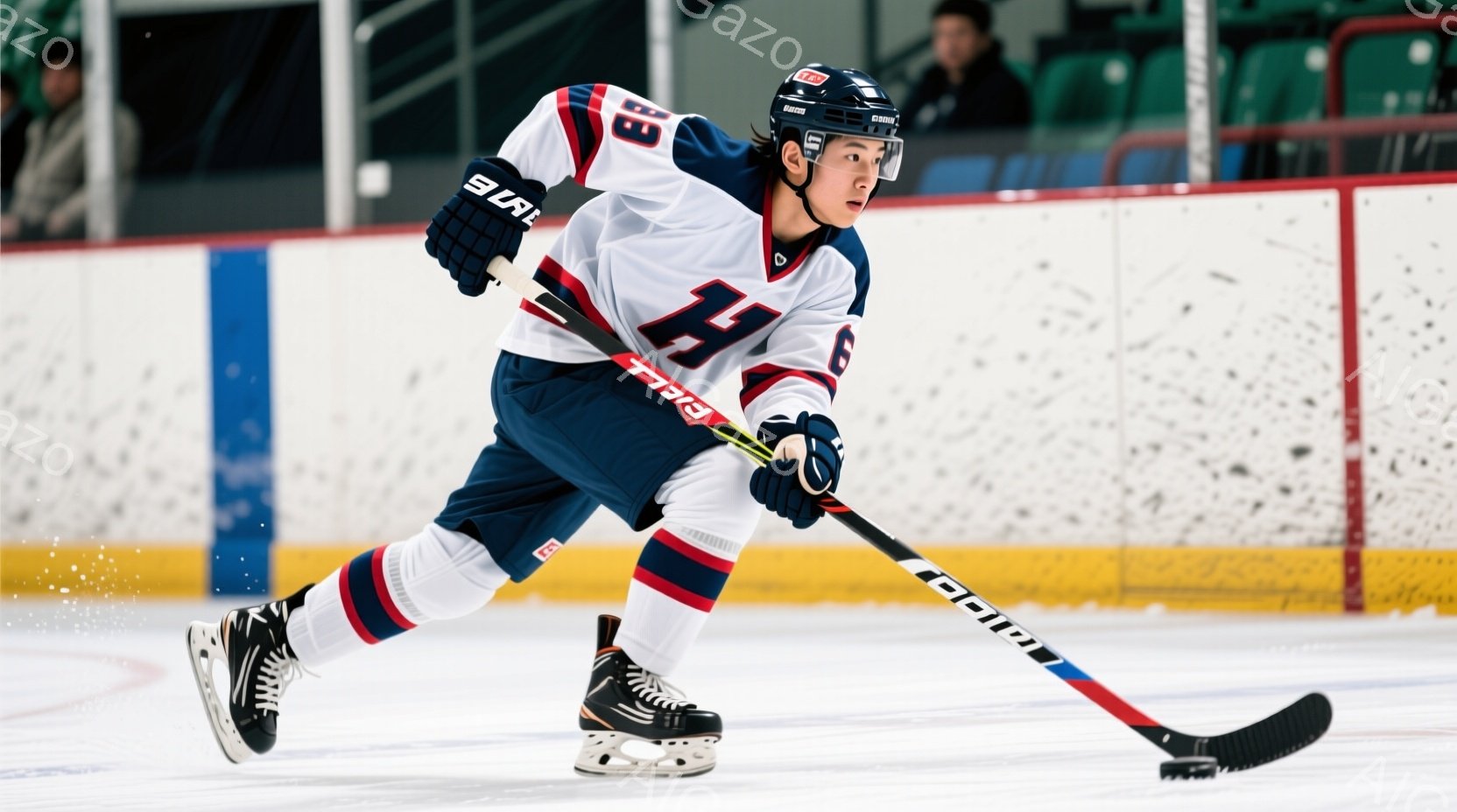 アイスホッケー選手がリンク上でプレーしている様子が写っている。彼は白いシャツに赤い縁取りと紺色のショーツを着用し、ヘルメットをかぶっている。選手は前かがみになり、スティックを握ってスピードに乗って滑走 - AI生成フリー素材