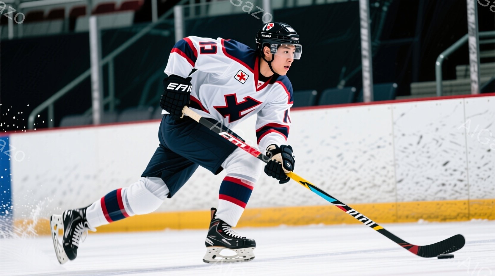 アイスホッケー選手が氷上を滑走している様子が写っている。赤、白、ネイビーブルーのユニフォームを着用し、ヘルメットを被っている。選手は前傾姿勢で、スティックを握り、スピード感のある動きを見せている。
