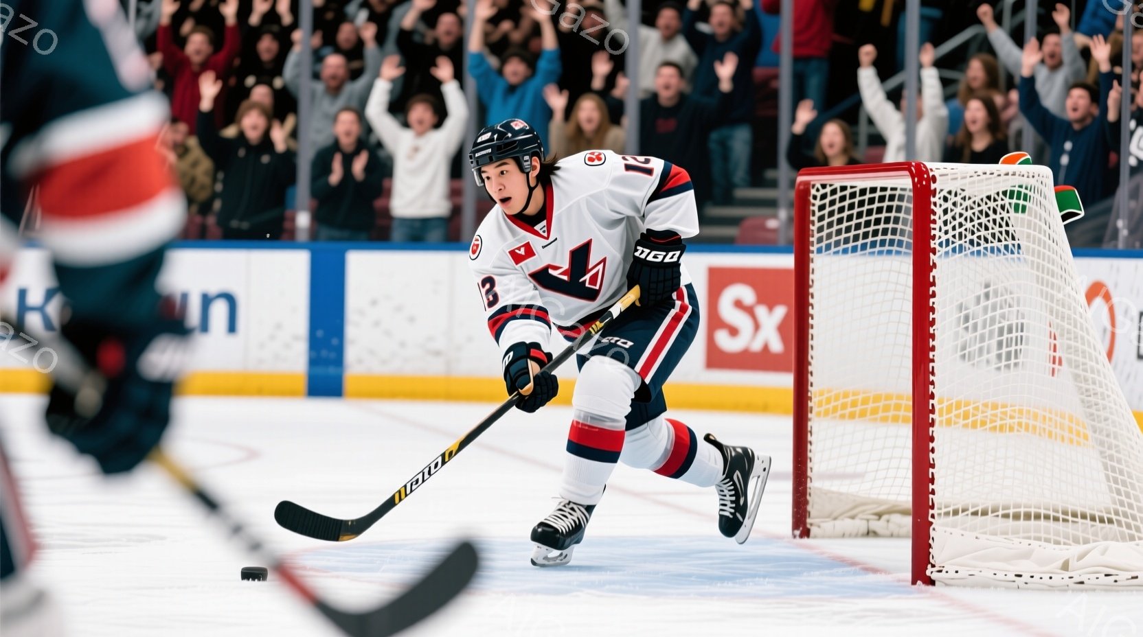 アイスホッケーの選手が、リンク上をスピードに乗って滑走している様子が写っている。彼は白いユニフォームに黒いヘルメットとプロテクターを身につけ、スティックを構えている。背景には観客席と広告が見え、試合の - AI生成フリー素材