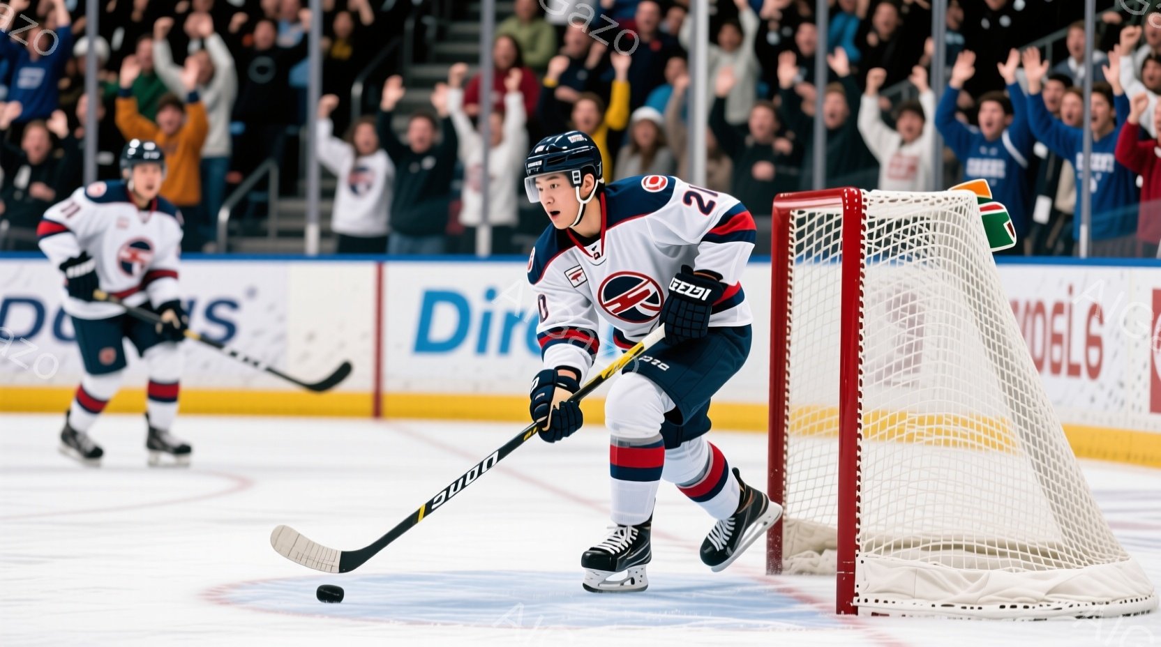 アイスホッケーの選手が、白い氷上のリンクでプレーをしている様子が写っている。彼は赤、紺、白のユニフォームとヘルメットを着用し、スティックでパックを操作している。背景には観客席が広がり、興奮した観客が応援している様子が見え、活気のある競技場の雰囲気が伝わる。