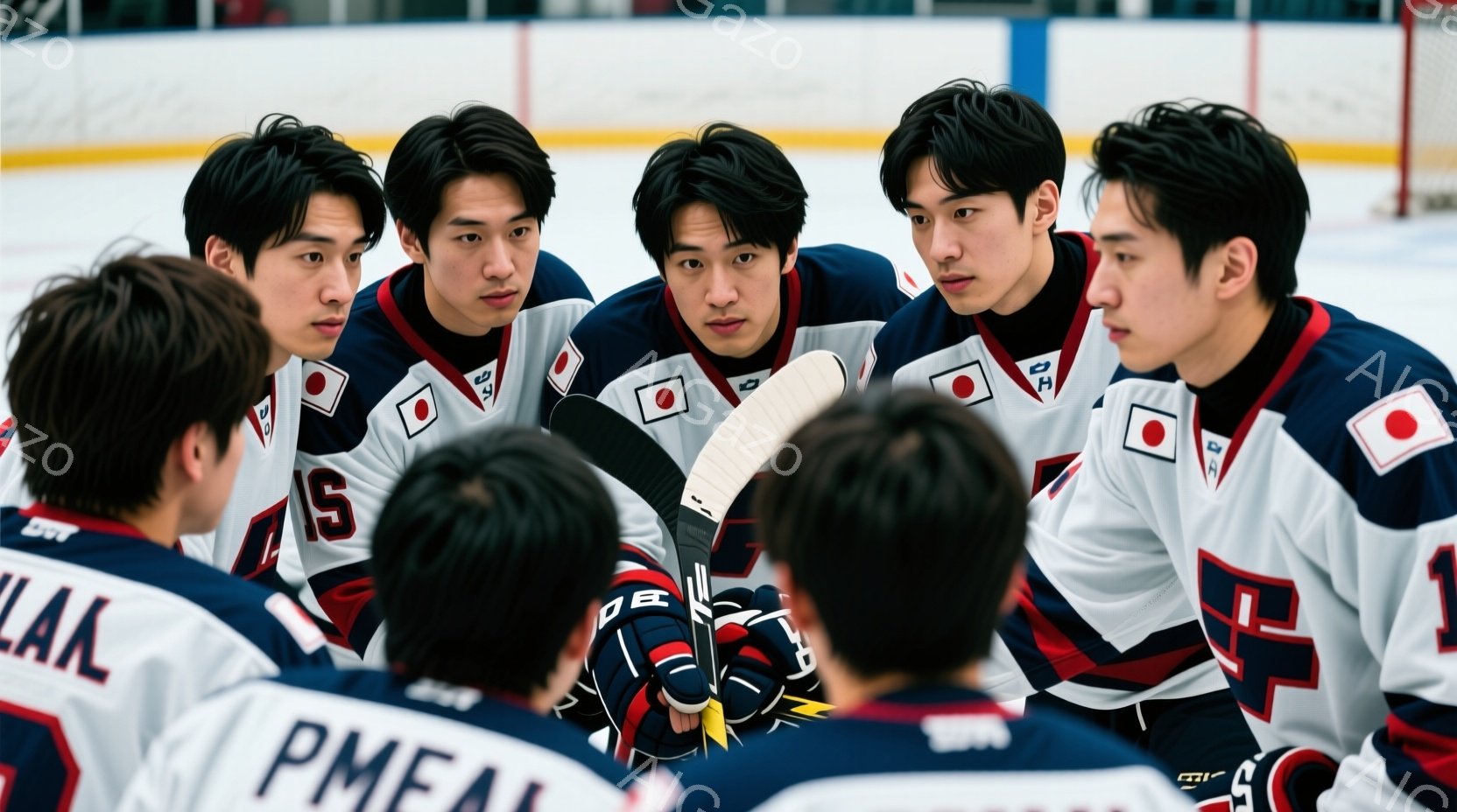 複数の若い男性がアイスホッケーの練習中に円陣を組み、何らかの指示を受けている様子が写っている。彼らは白を基調としたホッケーユニフォーム、黒いヘルメット、そして黒い手袋を着用しており、髪型は短髪で、真剣な表情で互いを見つめている。背景はアイスホッケーリンクで、氷上に描かれた線や選手席が見え、全体的に集中した、熱い雰囲気が漂っている。