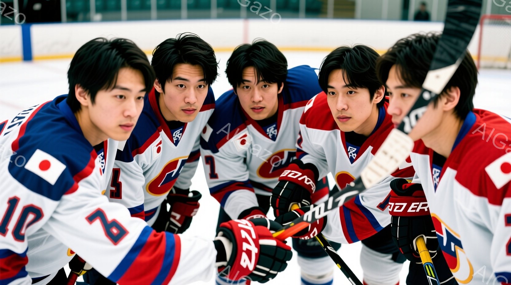 5人の若いアイスホッケー選手が、膝を曲げて身を寄せ合い、何かを話し合っている様子が写っている。彼らは赤、白、青を基調としたアイスホッケーのユニフォームを着用し、黒いヘルメットを装備している。背景はアイスホッケーリンクで、観客席が見えるが、全体的に集中した、緊迫感のある雰囲気が漂っている。