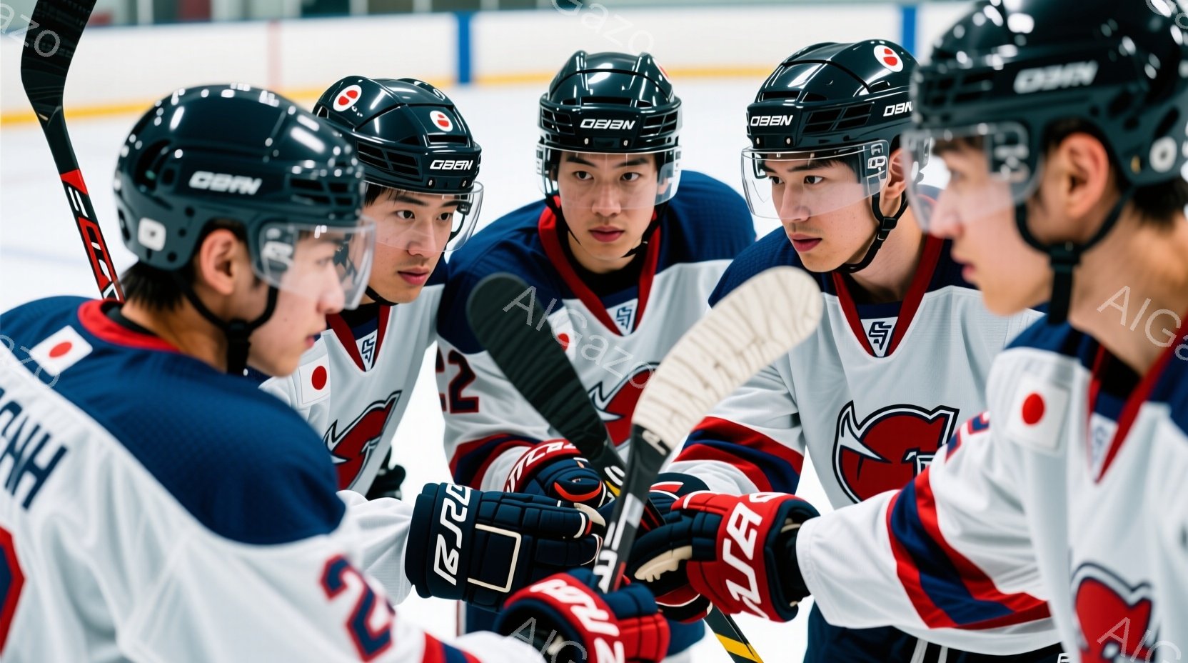 複数のアイスホッケー選手が、試合中に戦略を練っているような場面が写っている。選手たちは白いユニフォームに黒と赤のラインが入ったものを着用し、ヘルメットをかぶっている。彼らは真剣な表情で身を寄せ合い、誰かがホッケーのスティックで何かを説明しているように見える。
