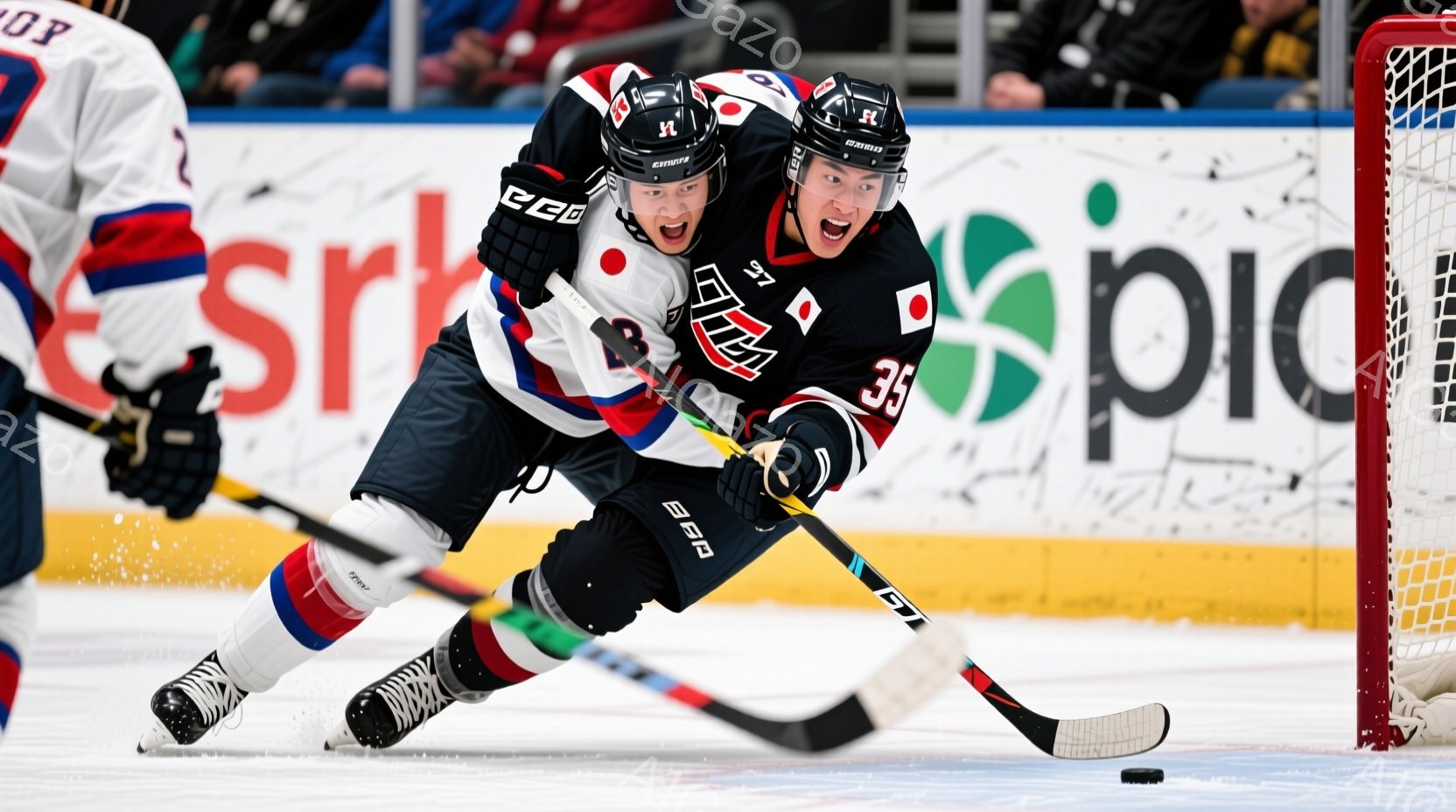 リンクホッケーの試合中の様子で、黒いユニフォームとヘルメットを着用した2人の選手が写っています。一人は背番号27、もう一人は背番号35で、激しいプレーの最中に喜びの表情を浮かべています。背景には観客席とホッケーネットが見え、競技場の熱気と興奮が伝わってきます。