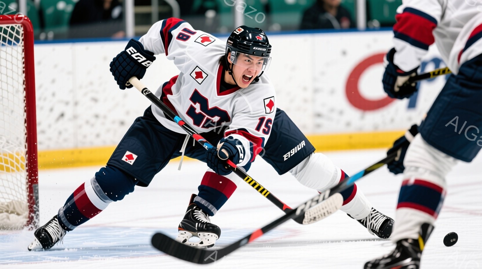 アイスホッケーの試合中の選手が写っている。紺色と赤色のユニフォームを着ており、背中には「15」と書かれた白い数字が入っている。選手は滑走しながらホッケーのパックを狙い、集中した表情で前を見据えている。