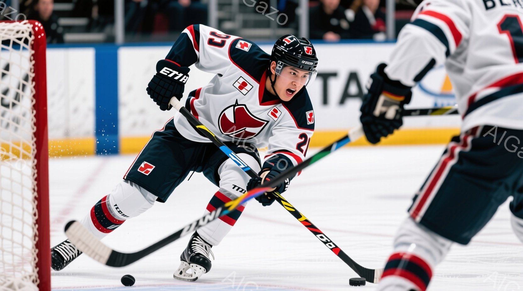 アイスホッケーの選手が激しいプレーをしている様子が写っている。白を基調としたユニフォームに赤と黒のラインが入っており、ヘルメットも同様の色合いである。選手は前かがみの姿勢でスティックを構え、集中した表情でプレーに臨んでいる。