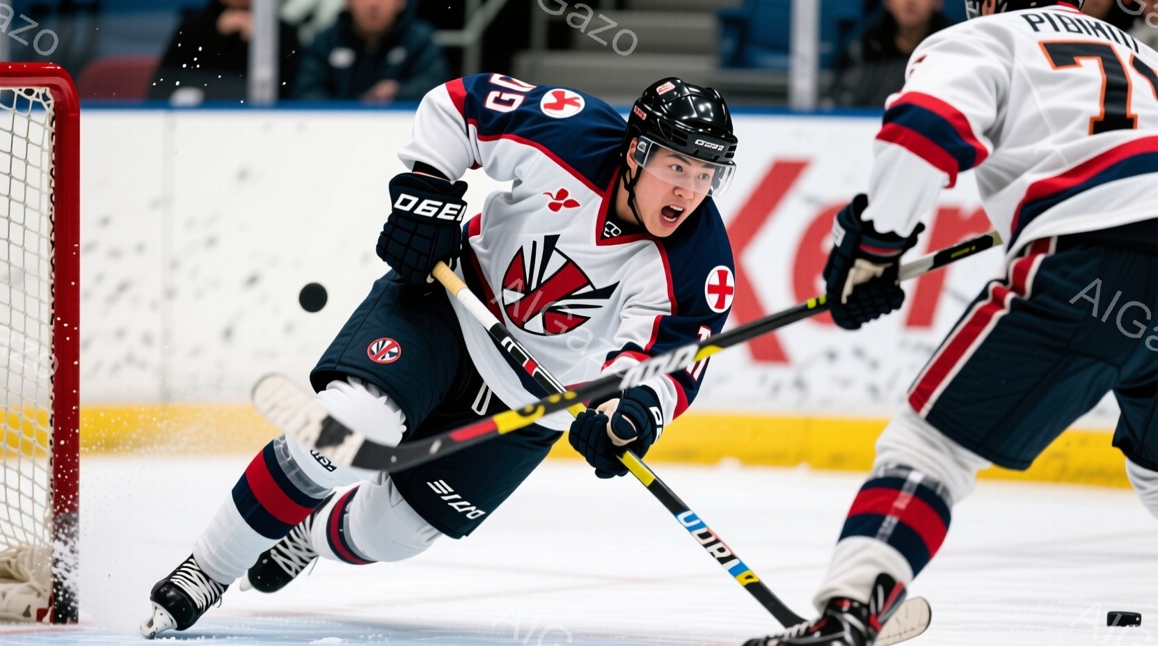 アイスホッケーの試合中の様子で、白いヘルメットと、赤、白、黒のストライプが入ったユニフォームを着た選手が、氷上でホッケーのスティックを振り、パックを狙っている。選手の表情は真剣で、体の姿勢は低く、スピード感がある。背景には観客席の一部が見え、氷上にはパックと選手の影が映っている。