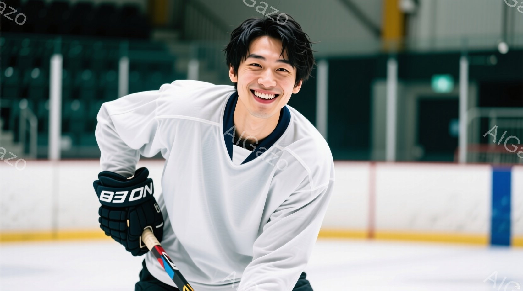 アイスホッケーのリンクにいる若い男性が写っています。彼は白いジャージに黒いズボンを着用し、片手にホッケースティックを持ち、満面の笑みを浮かべています。背景にはリンクの壁や観客席が見え、スポーツの活気ある雰囲気が伝わってきます。