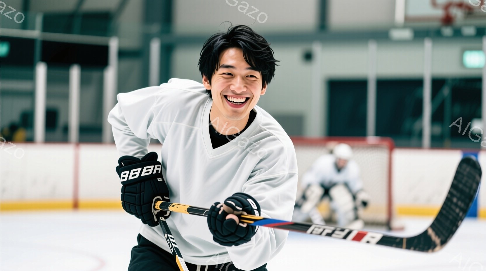 若い男性がアイスホッケーの練習中に写っている。彼は白のジャージに黒のホッケーグローブを着用し、ホッケーのスティックを握って、笑顔でこちらを見ている。背景にはアイスホッケーリンクと他の選手が見え、活気のある練習風景が伝わる。