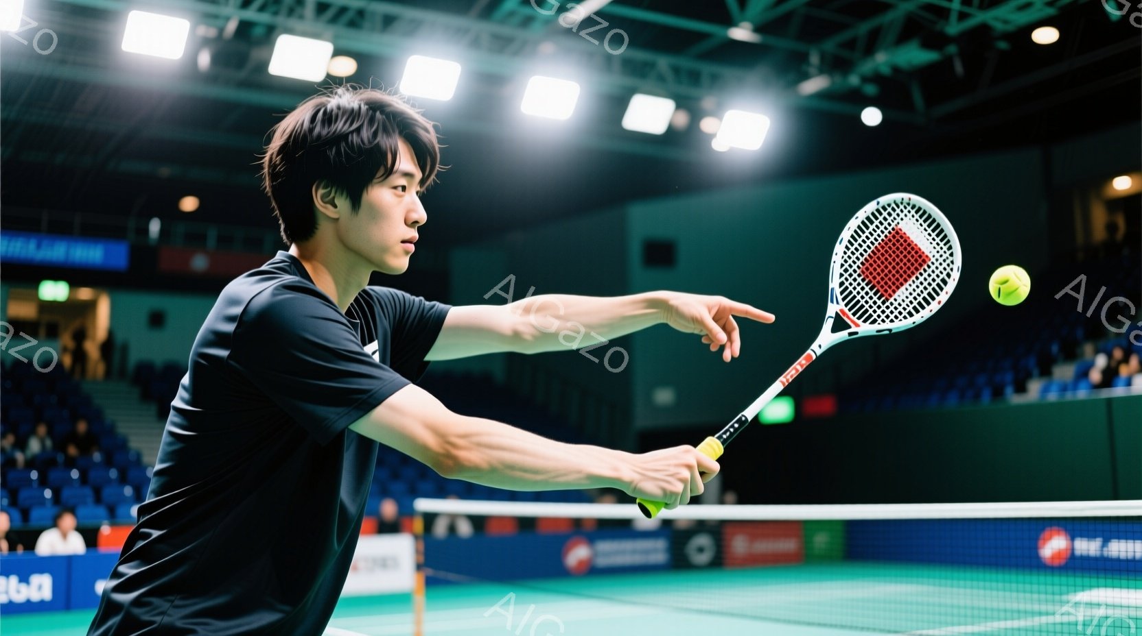 バドミントン選手が試合中にフォアハンドショットを打つ瞬間を捉えた写真です。黒いスポーツウェアを着ており、短く整えられた髪型で、集中した表情をしています。背景には観客席とバドミントンのコートが見え、照明が明るく、競技場の雰囲気が伝わってきます。