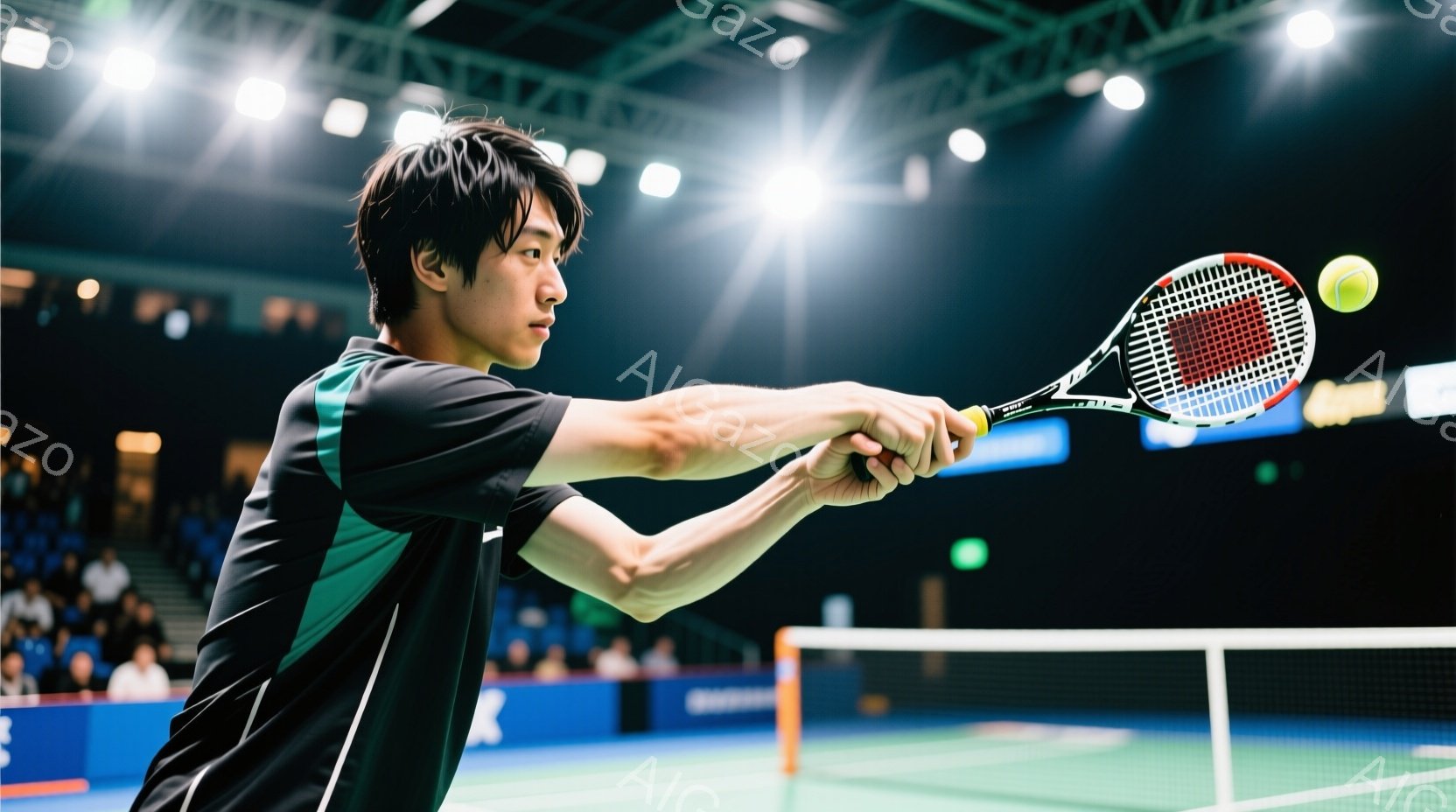 バドミントン選手がフォアハンドスマッシュを打つ瞬間を捉えた写真です。黒いシャツに短髪で、集中した表情でラケットを振り抜いています。背景には観客席とバドミントンコートのネットが見え、照明が明るく照らされ - AI生成フリー素材