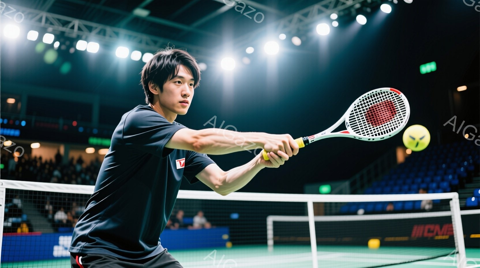 バドミントンコートでプレーする男性の画像です。黒いバドミントンウェアに、短髪で前髪を少し垂らしたヘアスタイルで、力強くラケットを振ってシャトルを打ち返そうとしています。背景には観客席が見え、体育館の照 - AI生成フリー素材