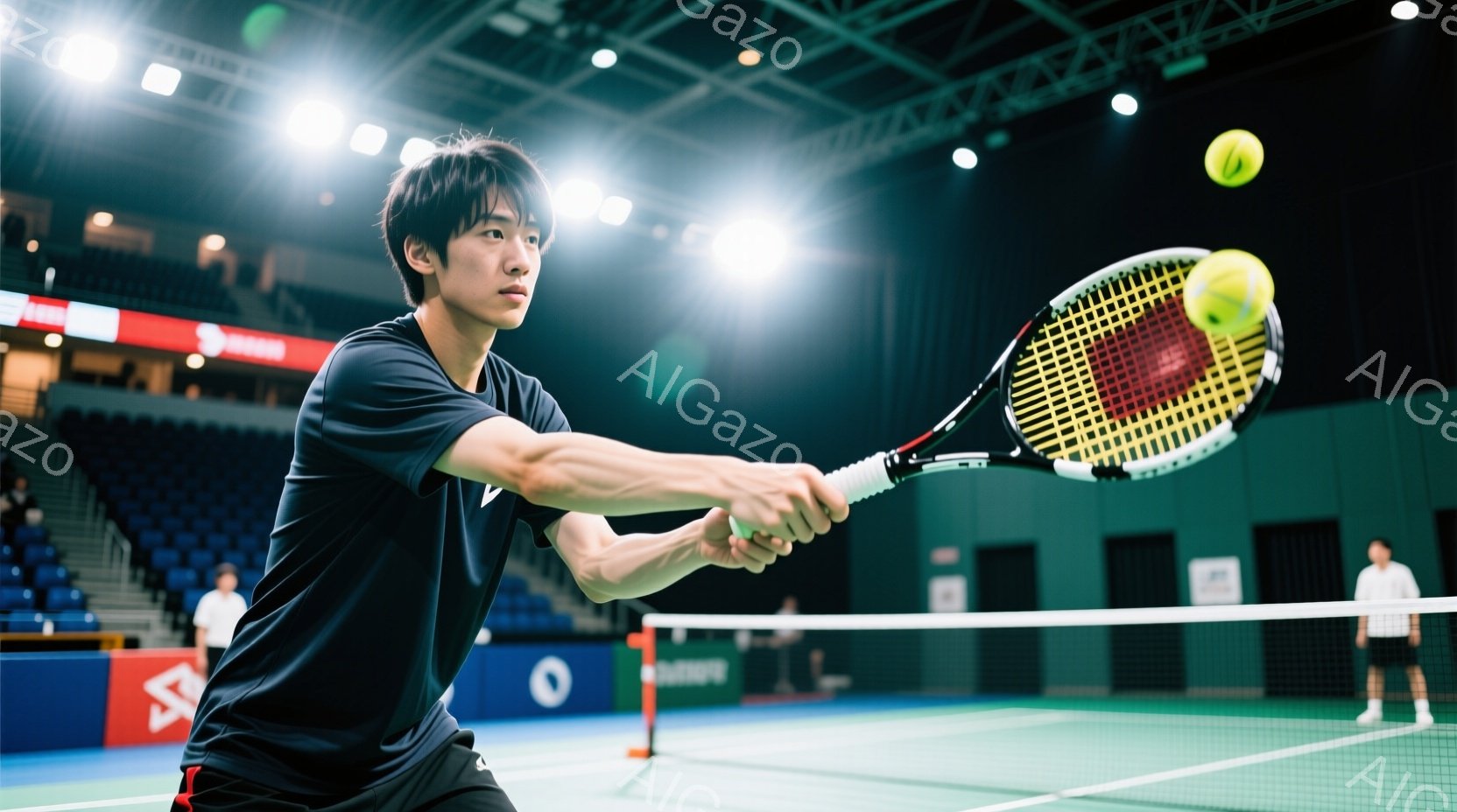 男性のテニス選手がフォアハンドストロークを打つ瞬間を捉えた写真です。黒い半袖シャツとショーツ姿で、短髪を撫でつけ、真剣な表情でボールに集中しています。背景は屋内テニスコートで、観客席やネットが見え、照明が明るく、競技が行われている臨場感が伝わってきます。