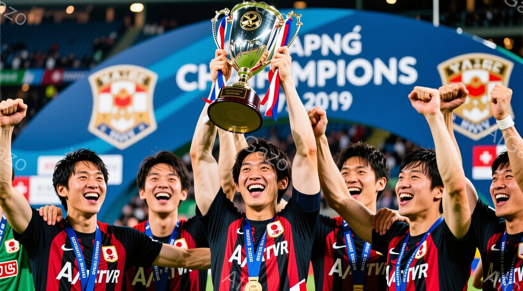 選手たちは赤いユニフォームとメダルを身につけ、歓喜の表情でトロフィーを持ち上げています。髪型は短髪で、全員が笑顔で興奮した様子が伝わってきます。背景には「AFC CHAMPIONS LEAGUE 20 - AI生成フリー素材
