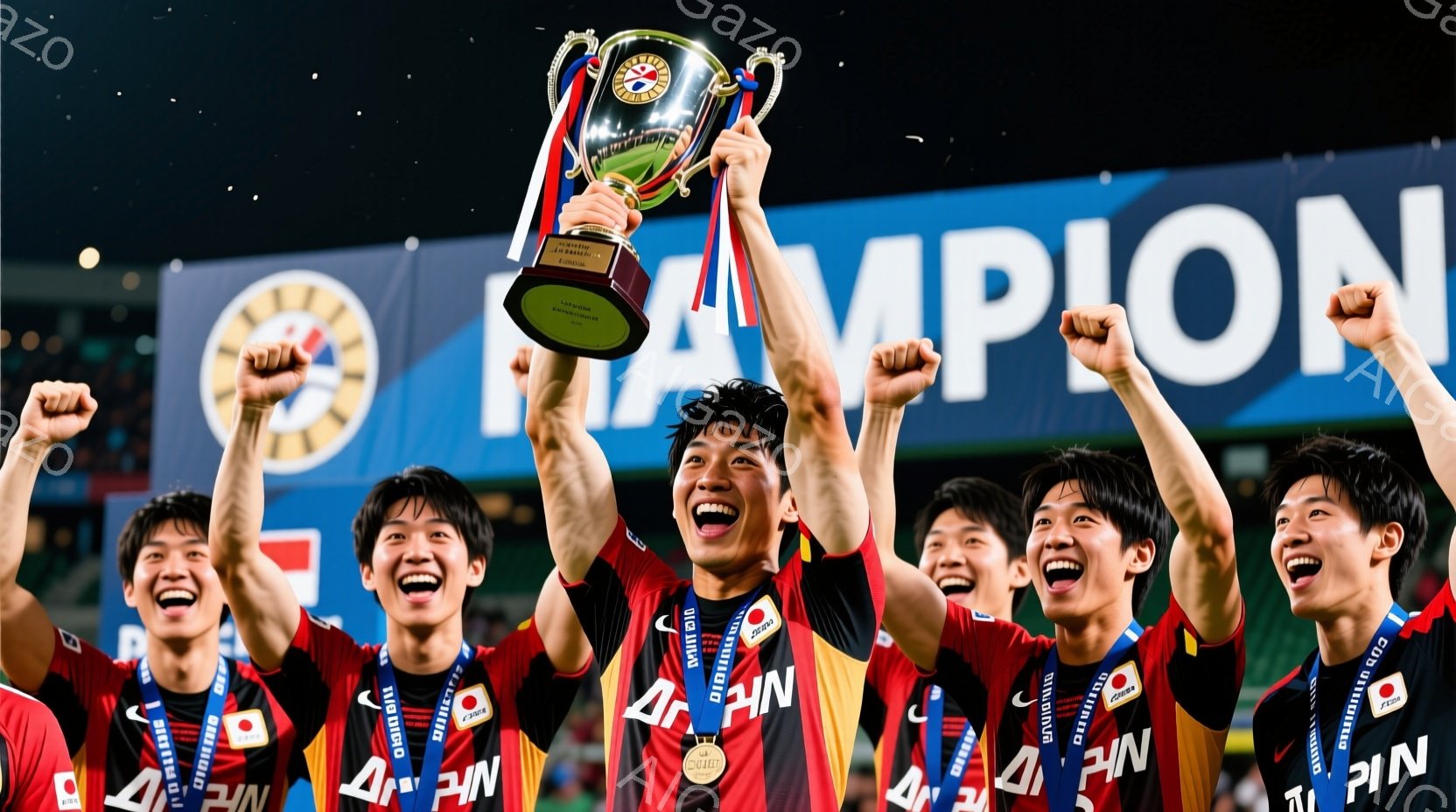 サッカー選手たちが勝利を喜び、チャンピオンのトロフィーを高々と掲げている様子が写っている。選手たちは赤いユニフォームとメダルを身につけ、興奮した表情で口を開け、顔には笑顔が広がっている。背景には「CH - AI生成フリー素材