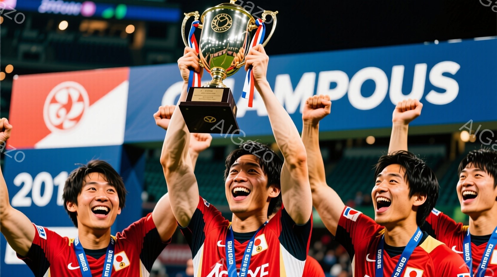 三人の若い男性が、赤いユニフォームと黒い短パン姿で、満面の笑みを浮かべながら金色のトロフィーを高々と掲げている。彼らは全員黒髪で、首にはメダルがかけられており、勝利の喜びを分かち合っている様子が伺える。背景には「201」と書かれた大きな看板や「CAMPUS」というロゴが見え、何らかの競技会の優勝を祝う、熱狂的な雰囲気のイベント会場であることがわかる。
