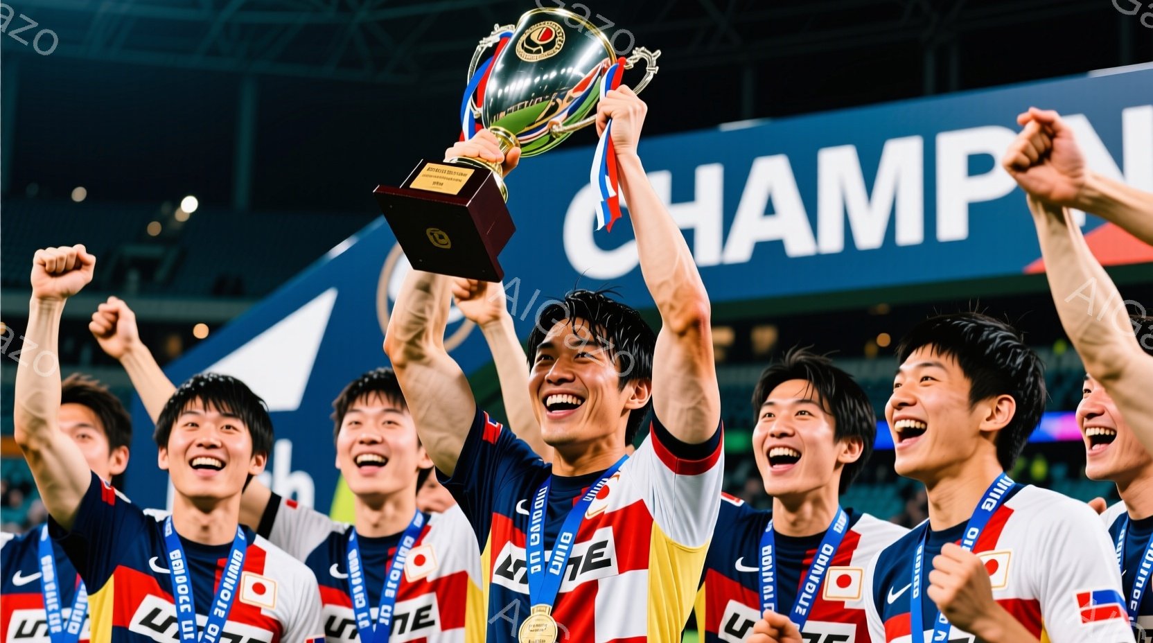 選手たちは勝利の喜びを爆発させ、チャンピオンシップのトロフィーを高々と掲げています。彼らは白いユニフォームに赤いアクセント、そしてメダルを首にかけており、興奮した表情で口を開け、笑顔を見せています。背景には「CHAMP」という文字が見え、観客席らしき光がぼんやりと見え、勝利の熱狂的な雰囲気を伝えています。