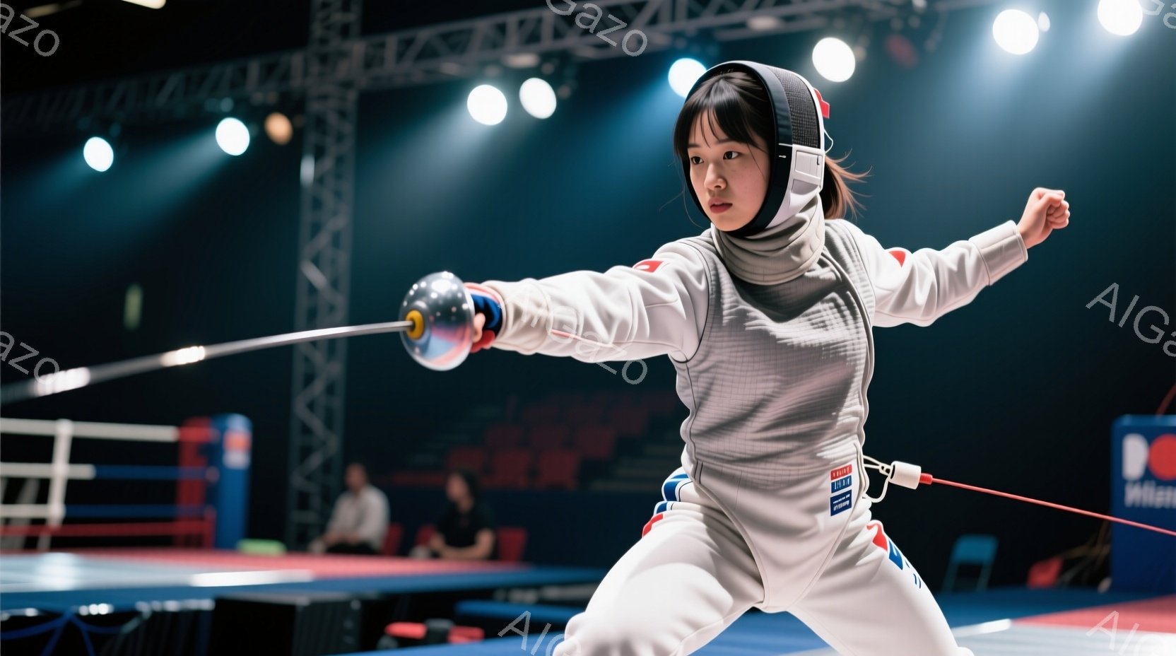 フェンシングの選手が競技中に写っている写真です。彼女は白いフェンシングスーツを着用し、ヘッドギアをかぶって、集中した表情で剣を構えています。背景には青いフェンスと、ぼやけた観客席が見え、競技場の熱気と - AI生成フリー素材