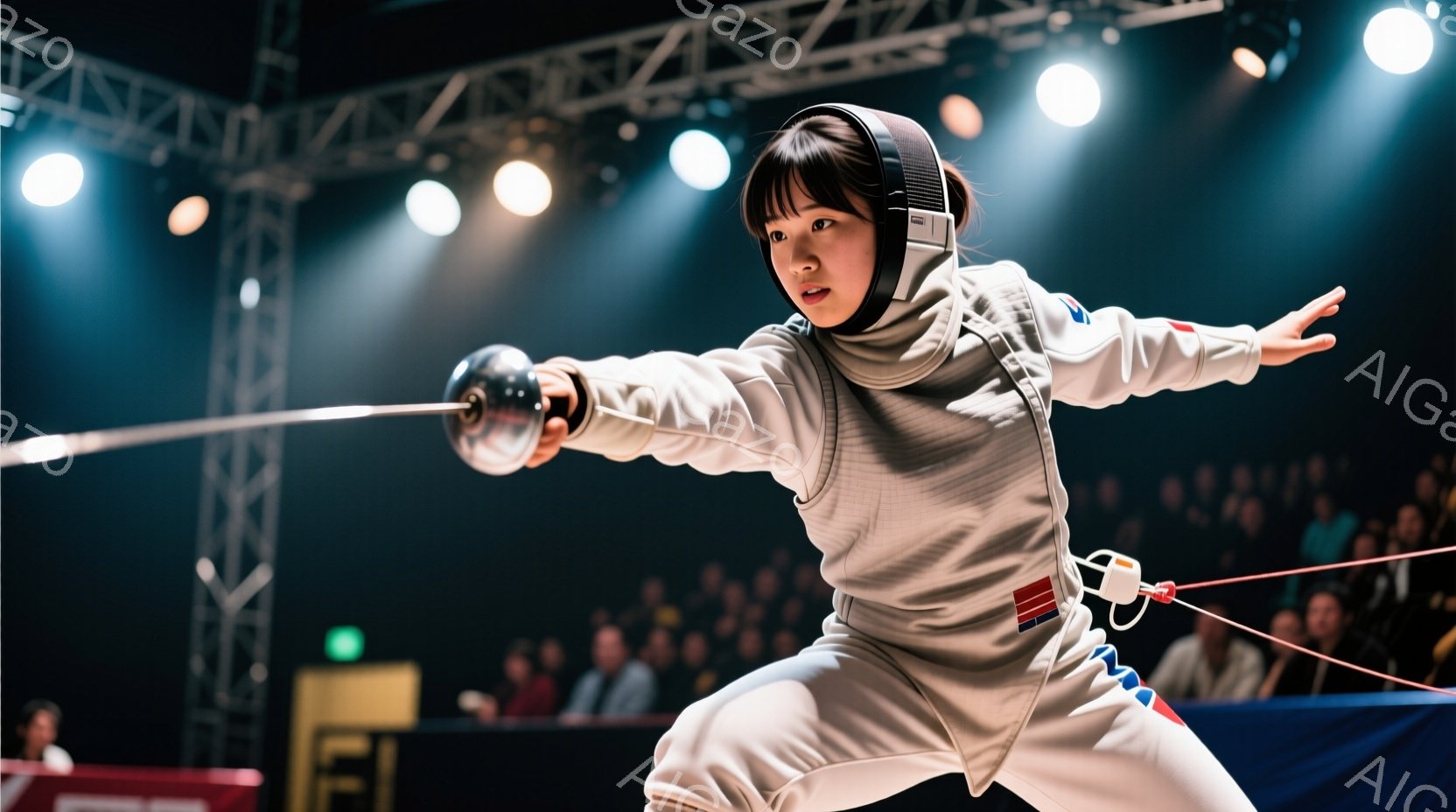 フェンシングの選手が競技中です。白いユニフォームとヘルメットを着用し、右手を前に伸ばしたフェンシングの構えを取っています。背景には観客席が見え、競技会場の照明が明るく照らされています。 - AI生成フリー素材