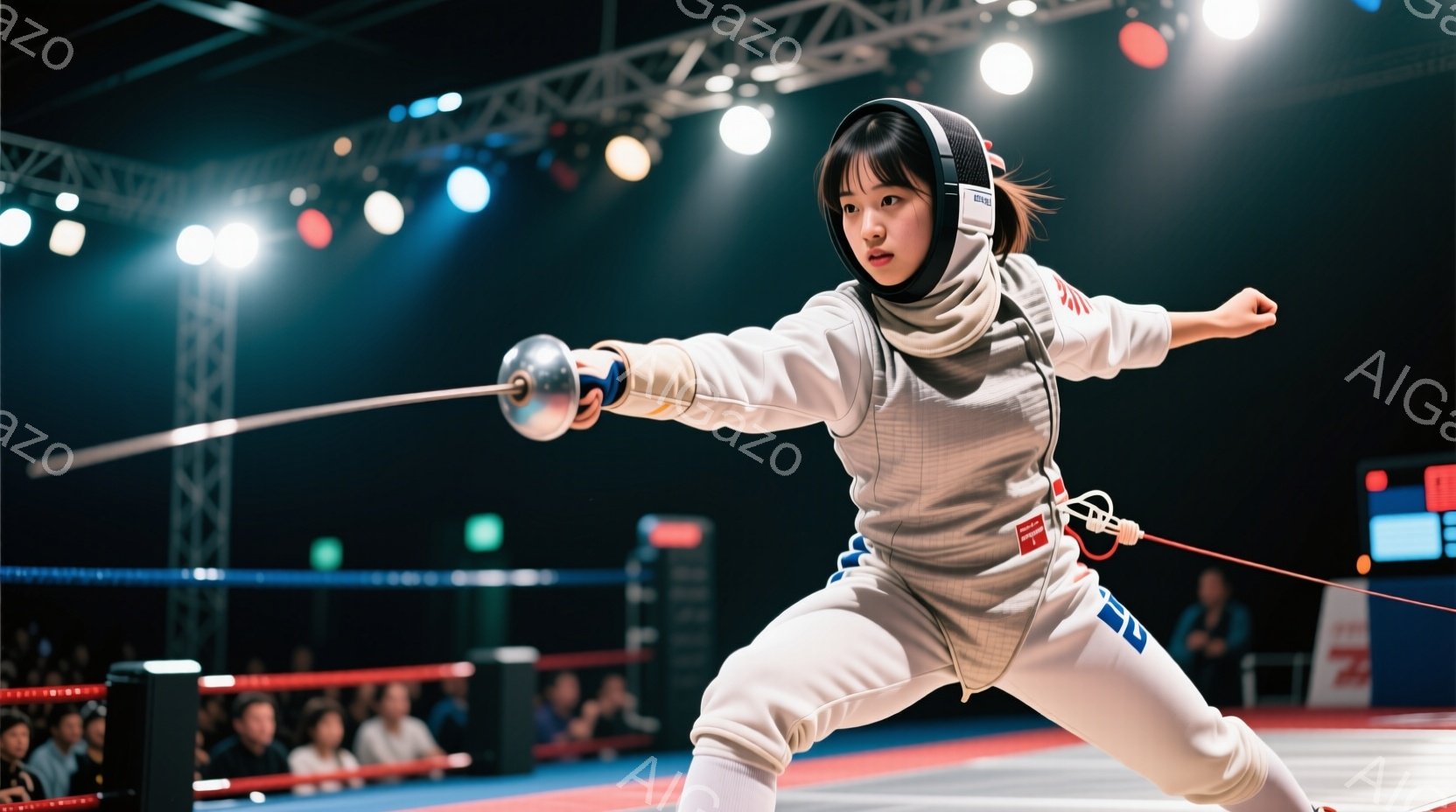 フェンシングの選手が試合中に攻撃の姿勢を取っている様子が写っている。白いフェンシングスーツにヘルメットを着用し、剣を前に突き出している。背景には観客席と照明が写っており、競技場の活気ある雰囲気が伝わってくる。