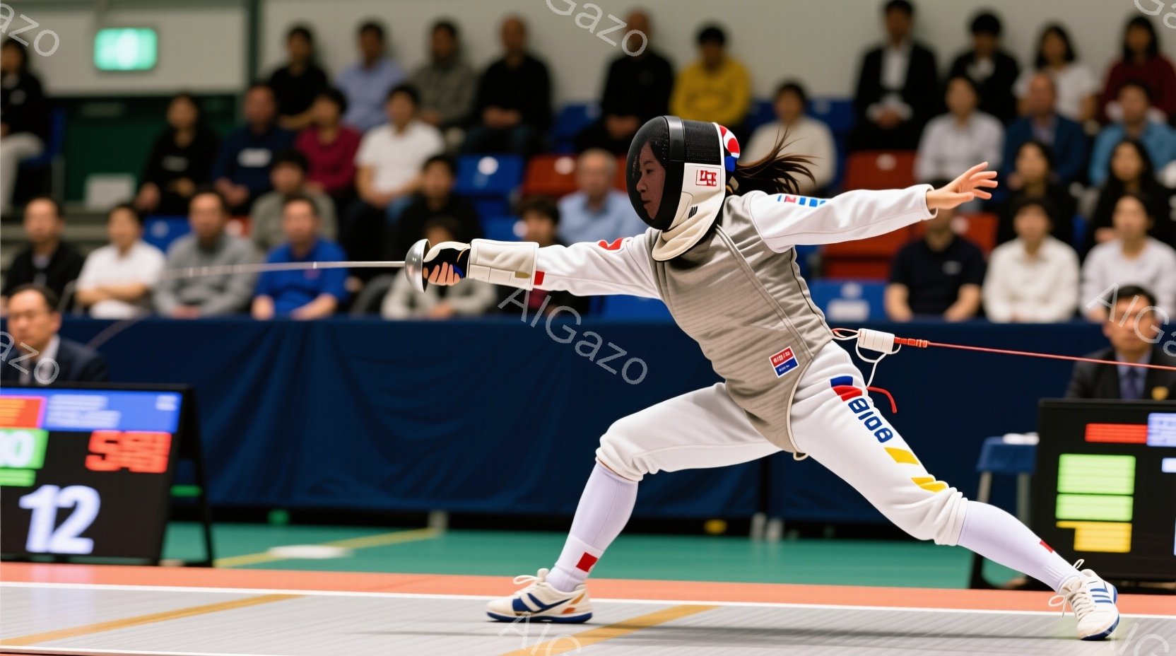 フェンシングの競技者が試合中に動き出している様子が写っている。競技者は白いフェンシングスーツとヘルメットを着用し、髪をポニーテールにしている。背景には観客席が見え、床は緑色のフェンシングコートで、競技は屋内で行われていることがわかる。