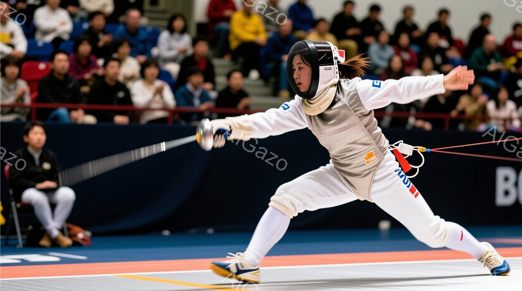フェンシングの競技者が試合中にアタックしている様子が写っている。白とネイビーのフェンシングスーツに、プロテクターとマスクを着用し、髪はポニーテールにまとめられている。背景には観客席が見え、競技場の床は青色で、全体的に集中した競技の雰囲気が漂っている。