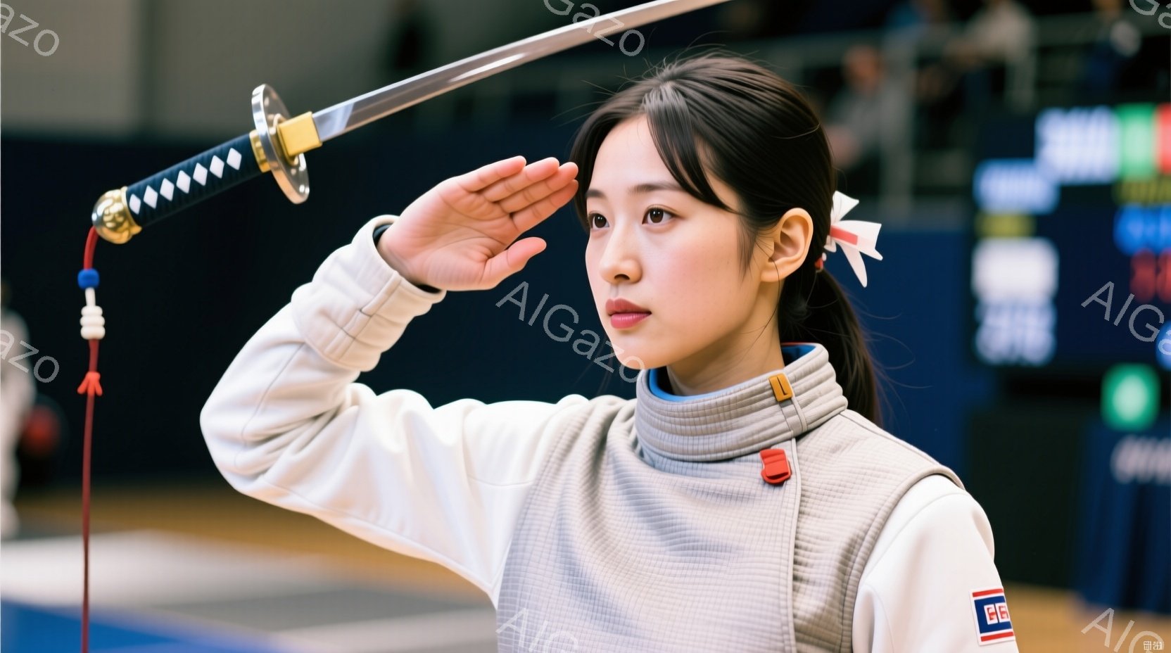 剣道の練習または試合中の女性が写っています。彼女は白と水色の剣道着を着て、髪は後ろでまとめています。彼女は真剣な表情で、片手を挙げて注意深く構え、竹刀を握り締めています。 - AI生成フリー素材