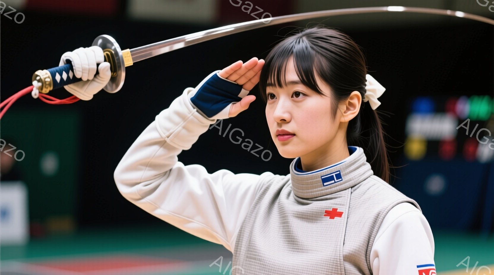 剣道着を着て、髪を後ろで一つに結んだ若い女性が写っている。彼女は剣を高く掲げ、集中した表情で何かを見つめているように見える。背景は体育館のような室内で、ぼやけた観客席と壁が見える。 - AI生成フリー素材