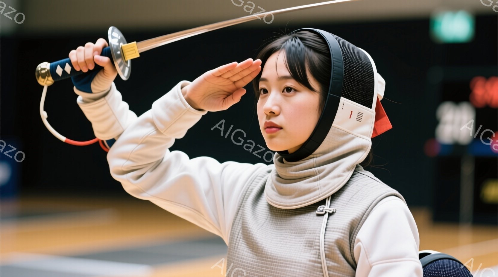 フェンシングの装具を身に着けた若い女性が描かれています。彼女は白いフェンシングスーツと保護マスクを着用し、片手に剣を持ち、目を閉じて集中した表情をしています。背景は体育館のような室内で、床は明るい木目 - AI生成フリー素材