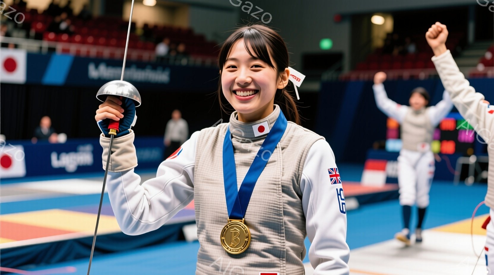 フェンシングの選手が金メダルを首にかけて笑顔で立っています。白とグレーのフェンシングスーツに身を包み、髪は後ろで一つに結ばれています。背景には他の選手や観客席が見え、競技会場の熱気を感じさせる場面です。