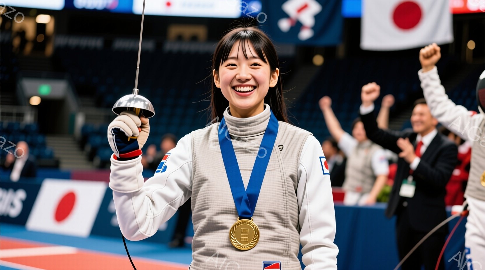 フェンシングの選手が金メダルを首にかけて満面の笑みを浮かべている姿が写っています。彼女は白いフェンシングスーツを着用し、髪はポニーテールにまとめられています。背景には、観客席と韓国国旗が見え、競技会場 - AI生成フリー素材