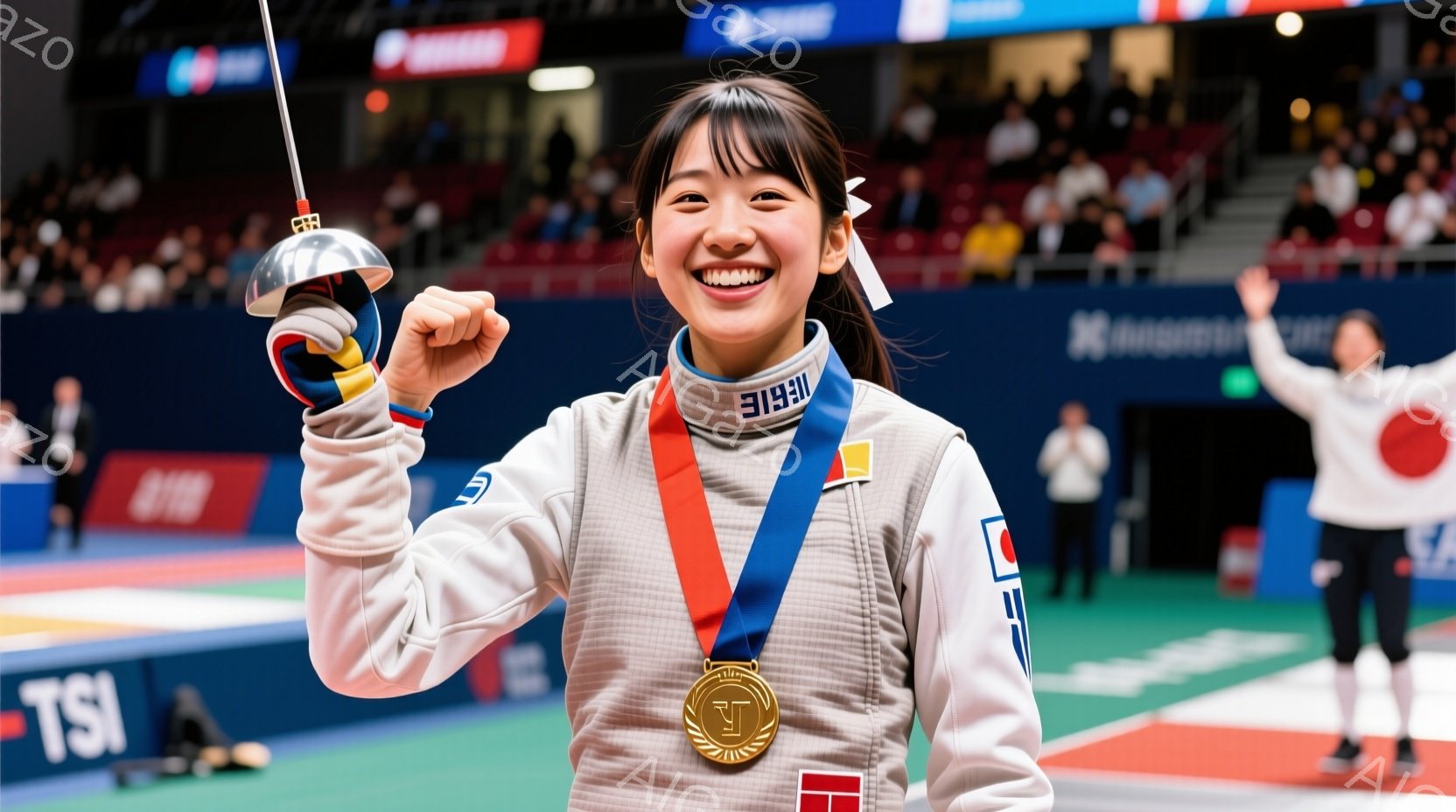 競技者がフェンシングの剣を高く掲げ、満面の笑みを浮かべている姿が写っている。彼女は白いフェンシングスーツに青いプロテクターを身につけ、首には金メダルが輝いている。背景には観客席が見え、スポーツイベント - AI生成フリー素材