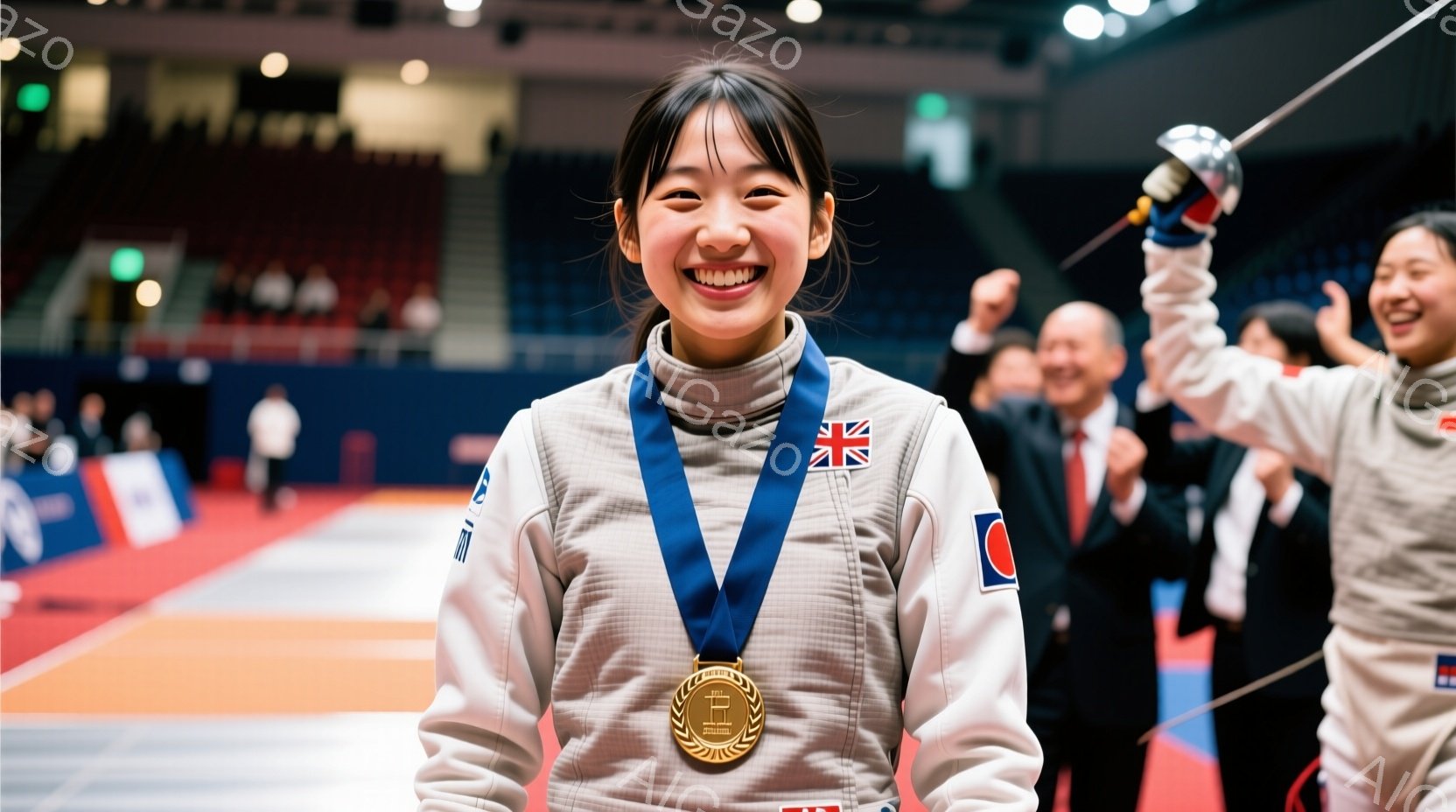 フェンシングの選手が金メダルを首から下げ、満面の笑顔でこちらを見ている。彼女は白いフェンシングジャケットを着用し、暗い髪は後ろで束ねられている。背景には観客席と、同じくフェンシングウェアを着た選手が喜 - AI生成フリー素材