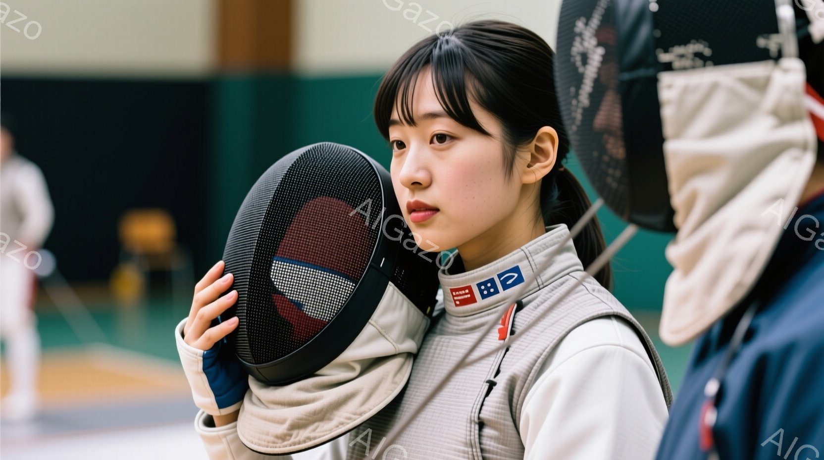 白いフェンシングスーツとプロテクターを着用した若い女性が写っています。彼女はマスクを左手に持ち、少し緊張した表情でこちらを見ています。背景には、他のフェンサーや体育館の設備が見え、練習風景を連想させる - AI生成フリー素材