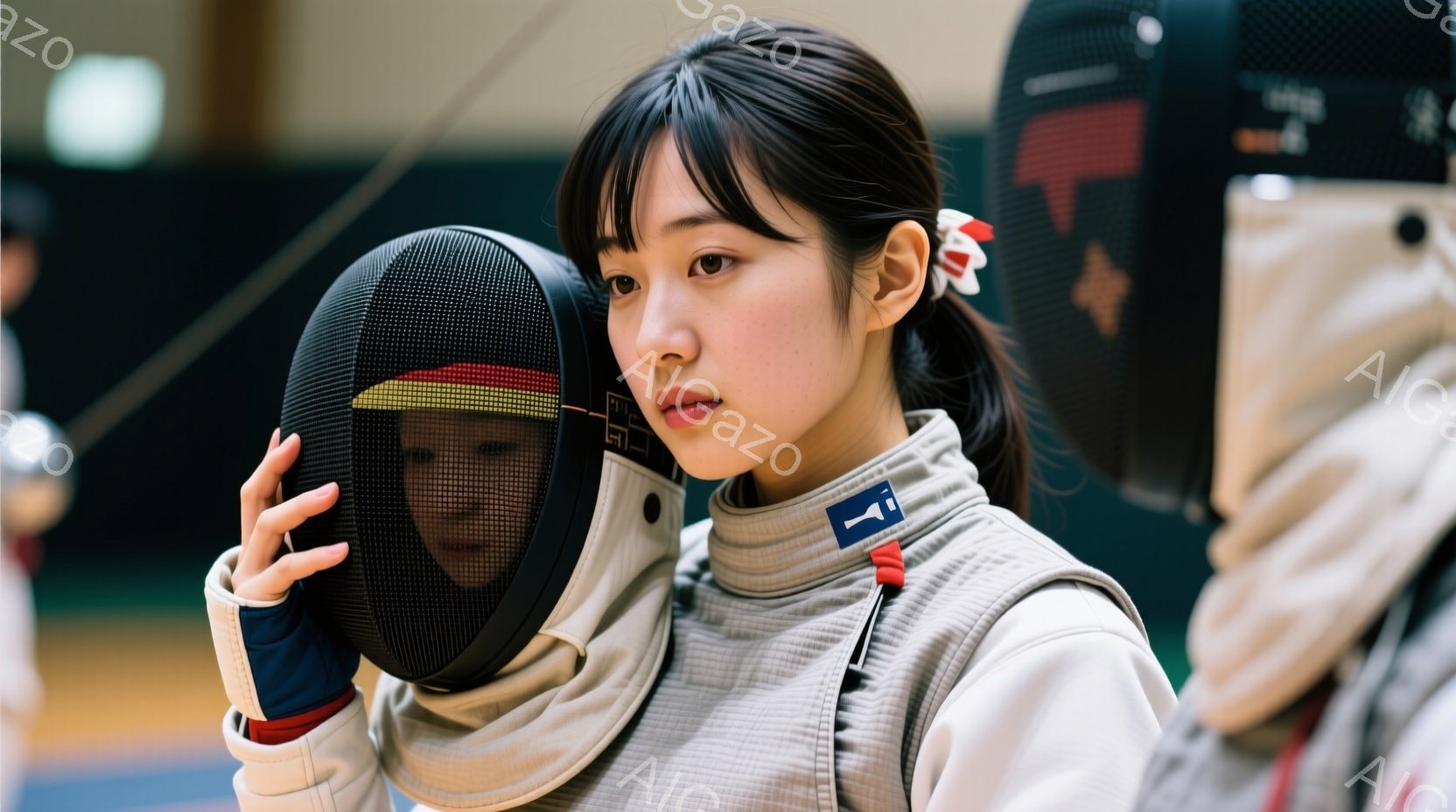 フェンシングの防具を身につけた若い女性が写っています。彼女は白いフェンシングスーツに、首元に青と赤のラインが入ったジャケットを羽織り、片手に防具のマスクを持っています。背景にはぼやけた体育館のような空 - AI生成フリー素材