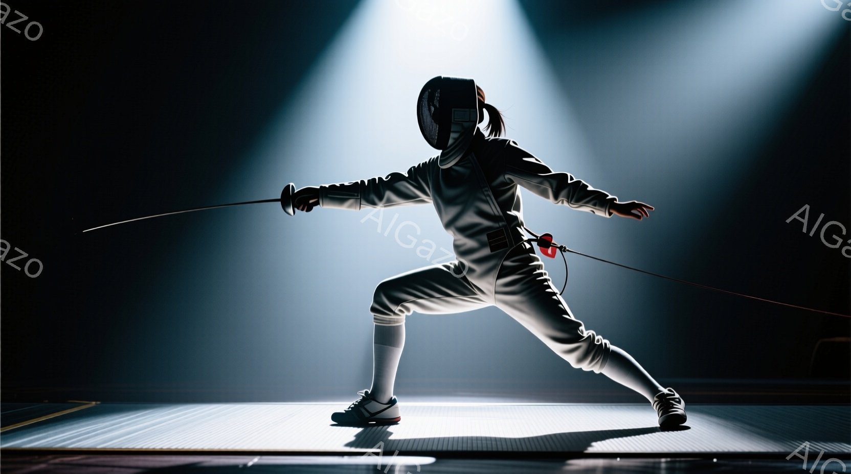 競技者はフェンシングのユニフォームを身に着け、ヘルメットで顔を覆っています。彼女は片足を前に出し、剣を前に突き出した、攻撃態勢をとっています。背景は暗く、スポットライトが彼女を照らし出し、競技場の床が確認できます。